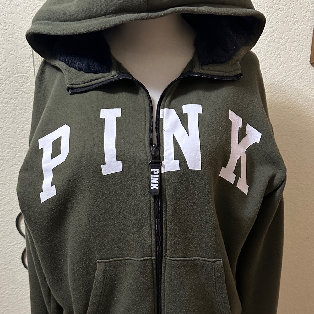 EUC Victoria's Secret Pink Dark Green Hoodie with White Letters - Picture 3 of 6